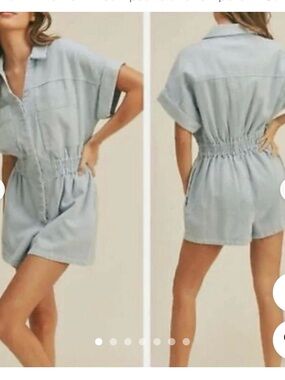 Miou Muse Light Blue Denim Romper with cuffed sleeves, cinched waist and collar